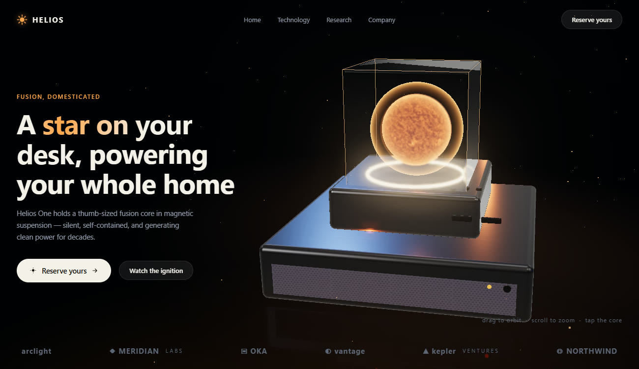 HELIOS hero — fusion core in glass on a brushed-metal device