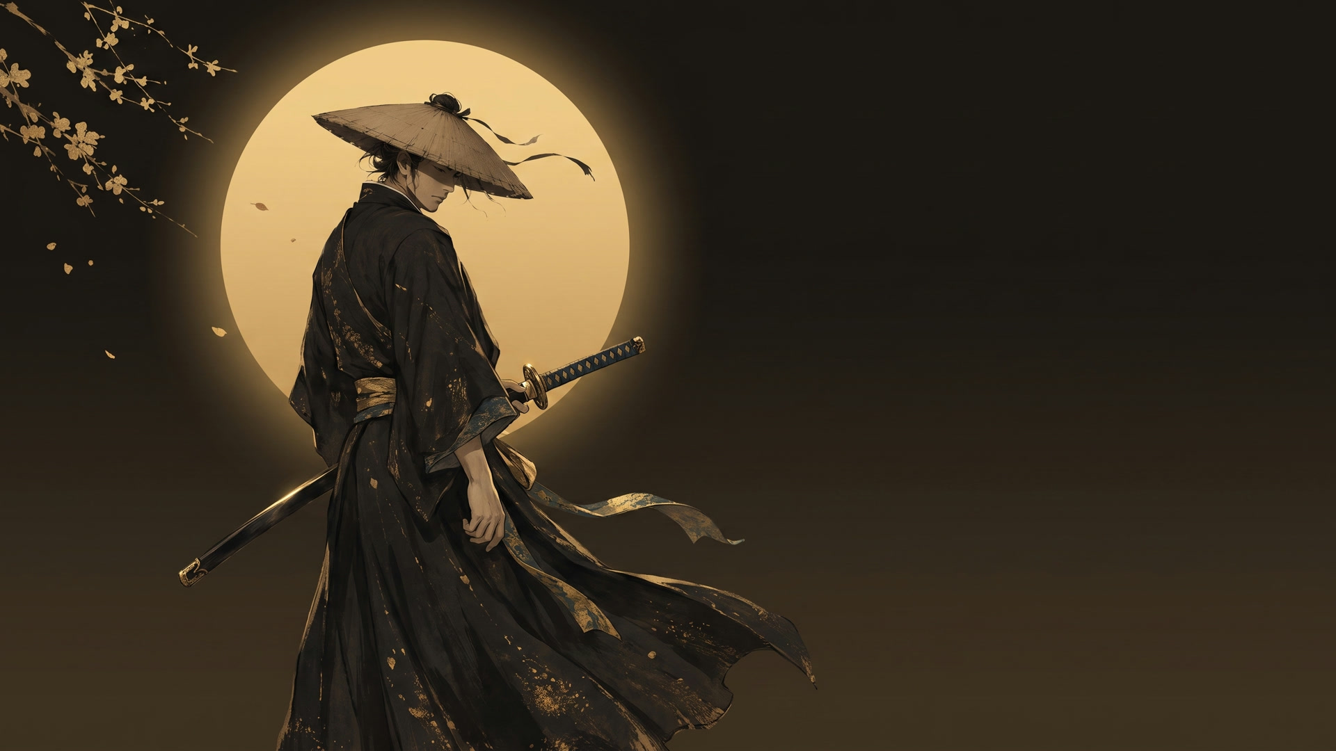 Start keyframe — ronin coiled, blade sheathed