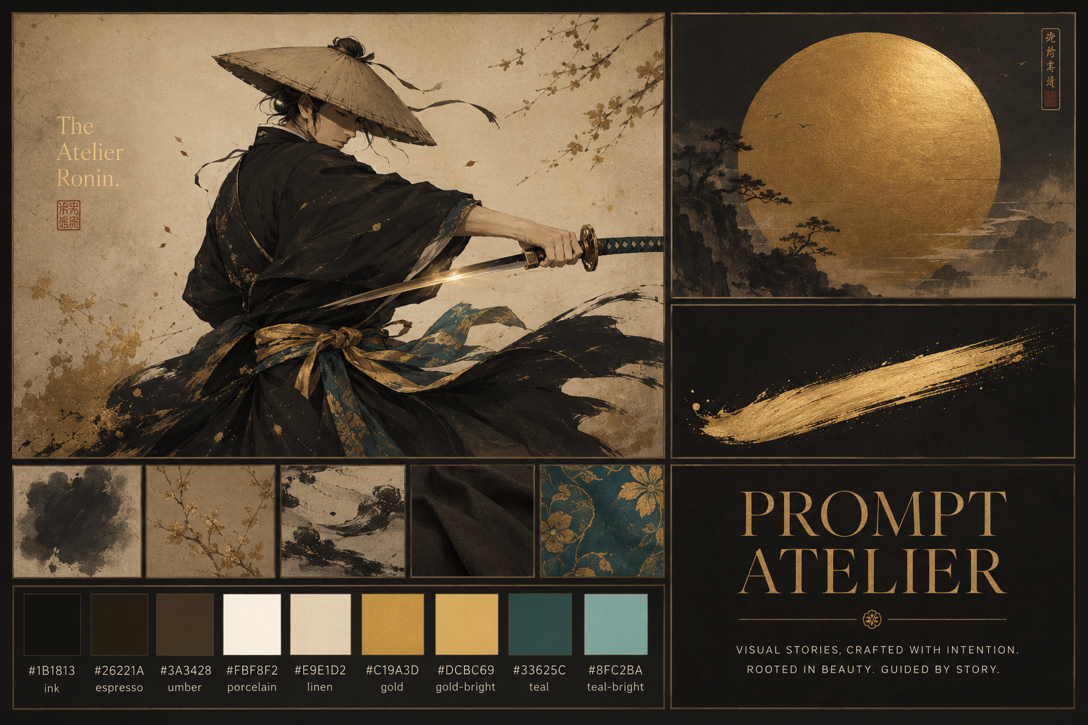 The Atelier Ronin moodboard — character study, gold sun, brushstroke, palette swatches and type