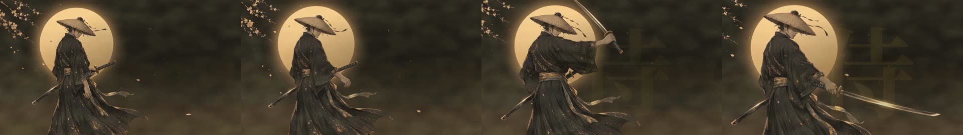Four frames across the sword draw showing the motion arc