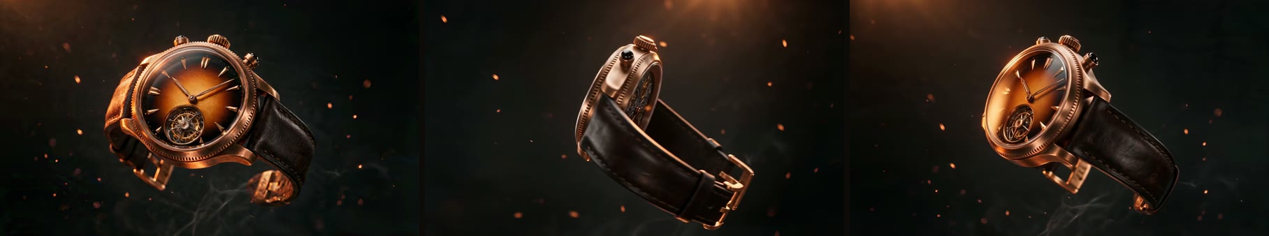 Three frames from the 360° orbit — front, side, skeleton caseback