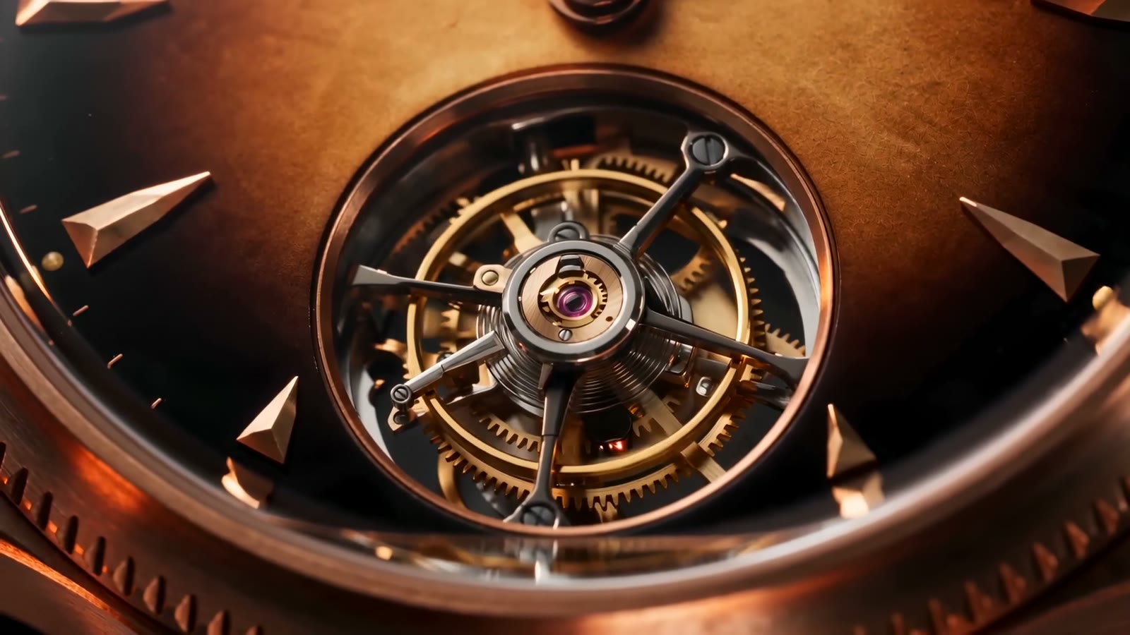 Macro — the flying tourbillon at six o'clock