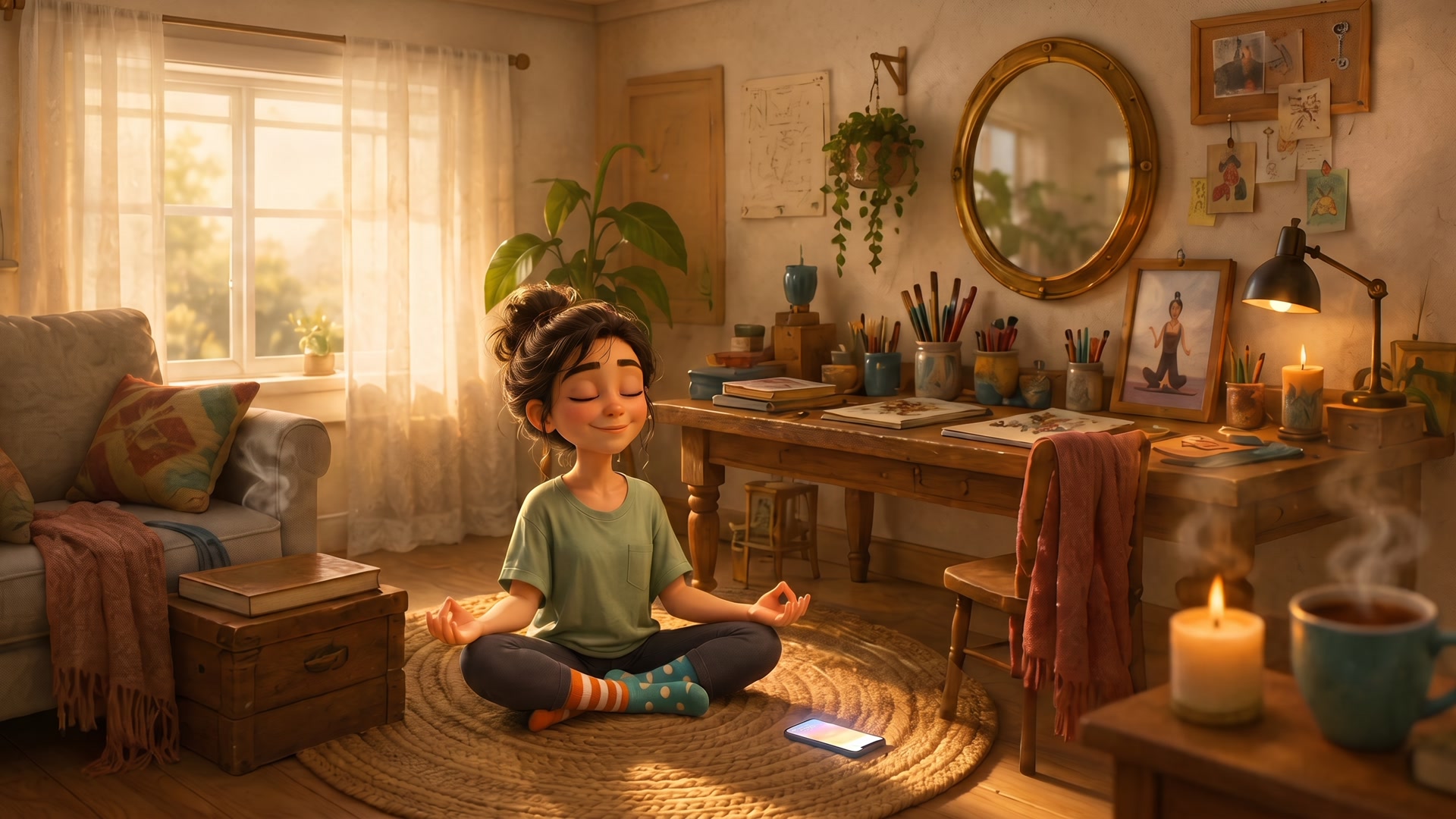 The master wide — Maya meditating in the established living room