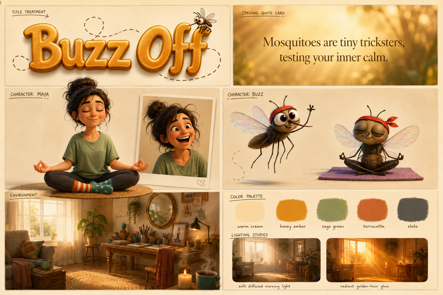 Buzz Off mood board — title, Maya, Buzz, environment, palette