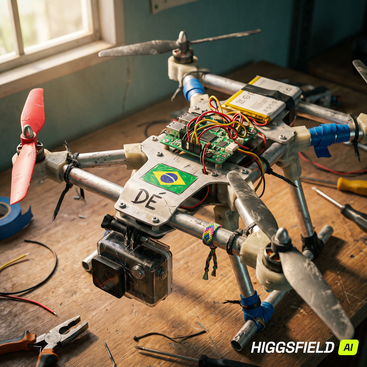 The hand-built drone on the workshop bench — Brazilian flag, the name Dé in marker