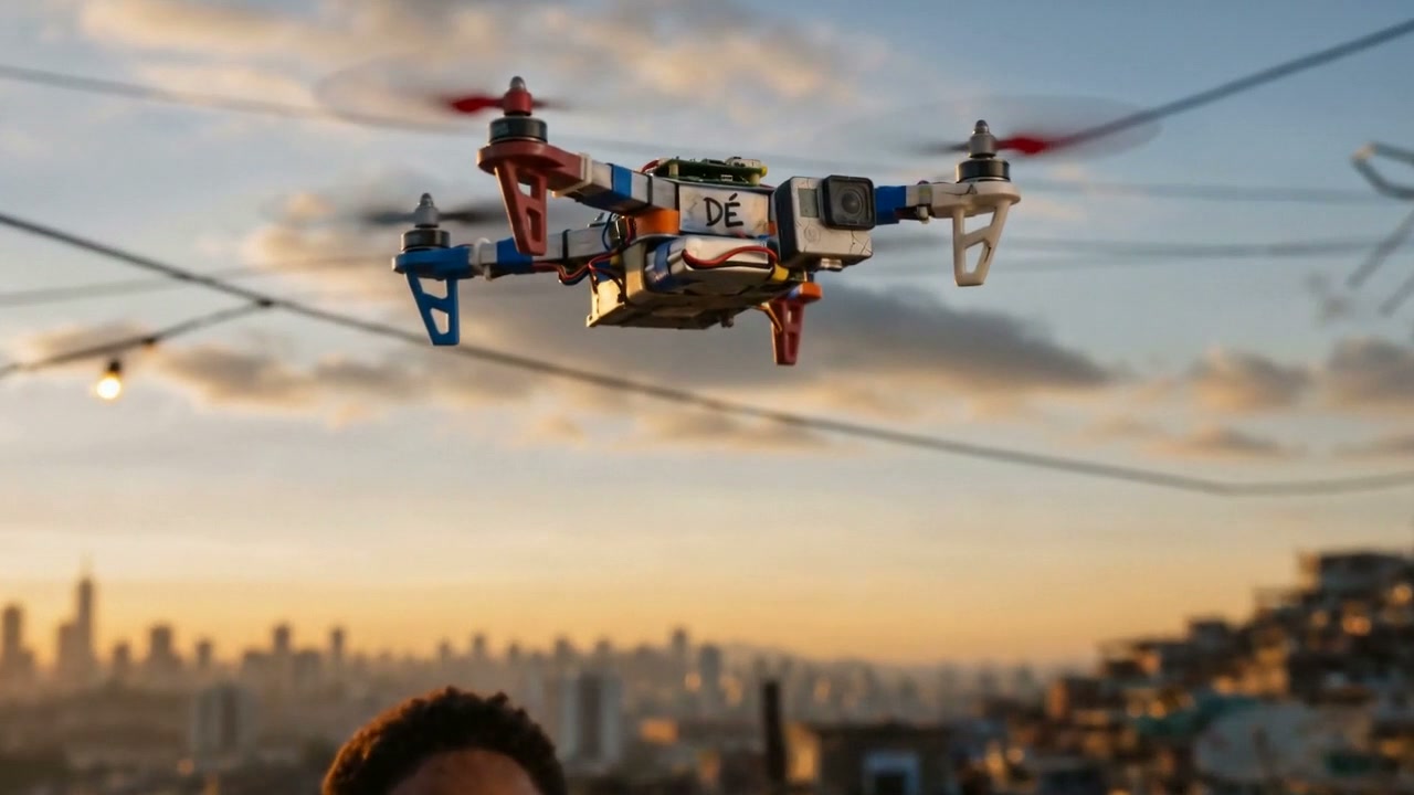 Frame — the drone climbs past camera, skyline behind