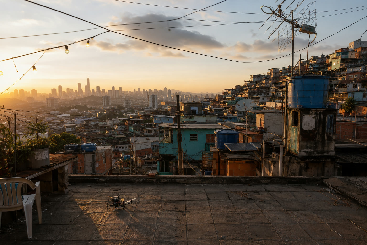 The rooftop location Element — favela rooftop at golden hour, drone waiting on the tiles, future skyline in the distance