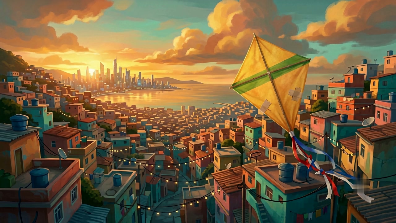 Animation — a yellow kite over a painted favela