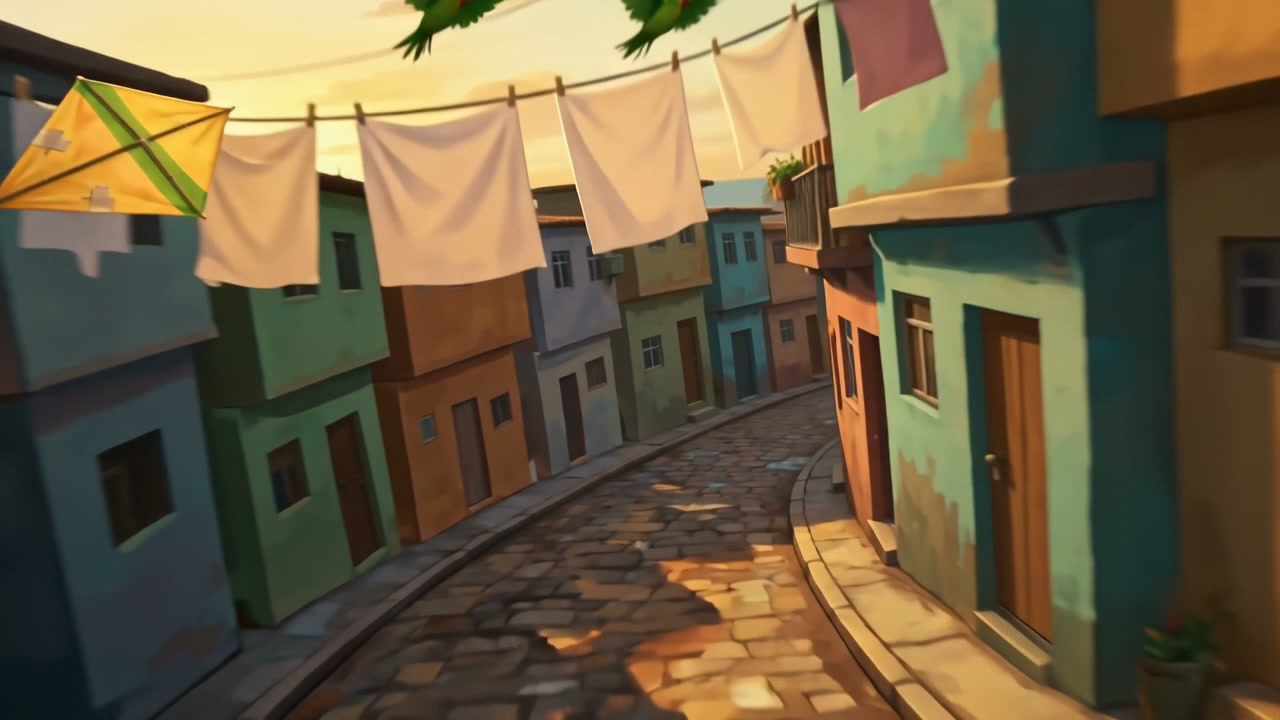 Frame — threading under the laundry lines, kite racing alongside