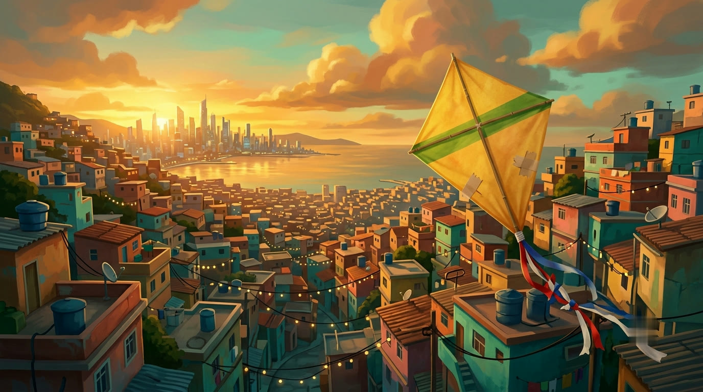 Painting 2 — the reveal: the painted hillside, bay and skyline, with the yellow kite in the foreground
