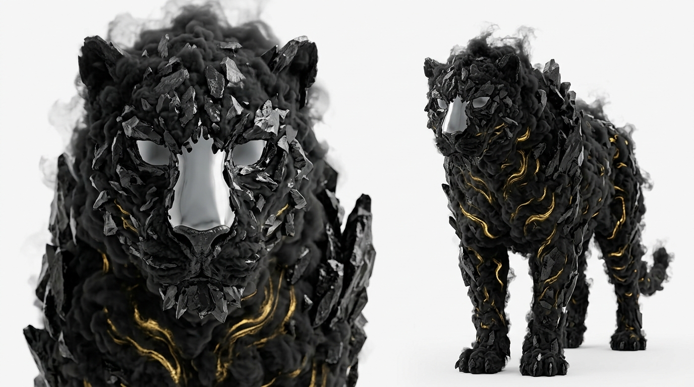 The Shadow character sheet — obsidian jaguar form with gold veins, face and full-body reference