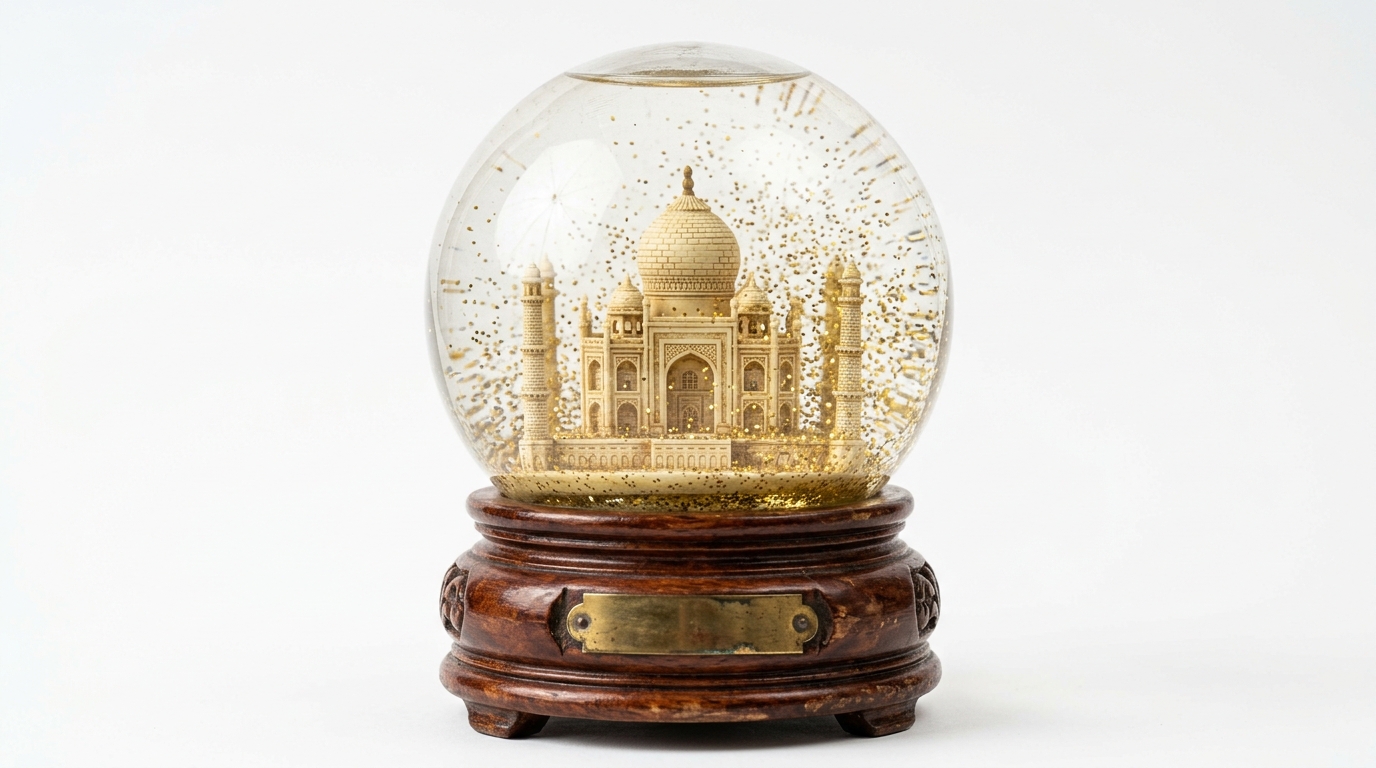 Taj Mahal snow globe prop render with gold glitter on mahogany base