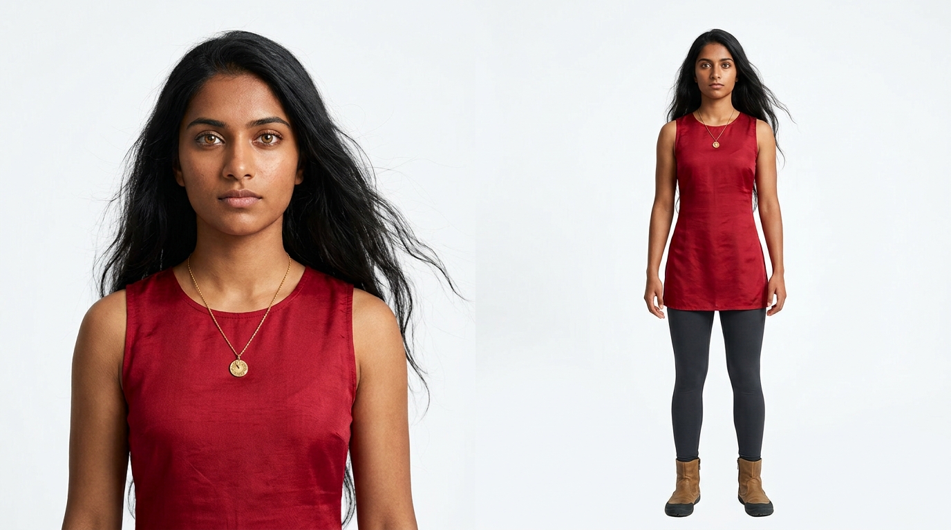 Thalia character sheet — portrait and full-body reference in crimson tunic
