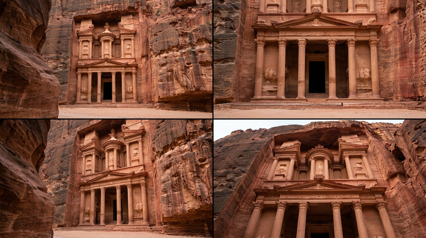 Petra Treasury location board — four views of the carved sandstone facade