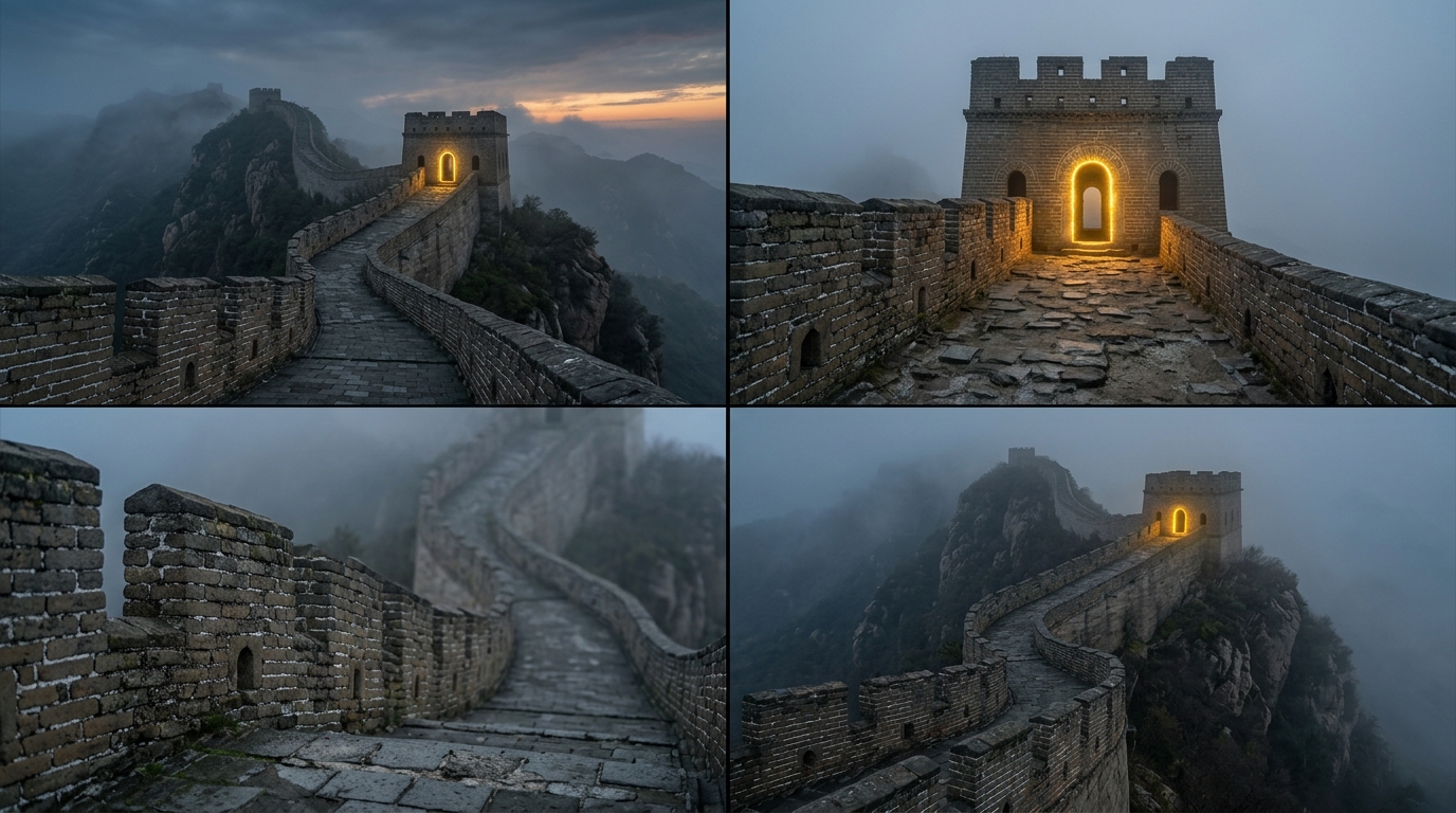 Great Wall of China location board — four views with the glowing golden watchtower door
