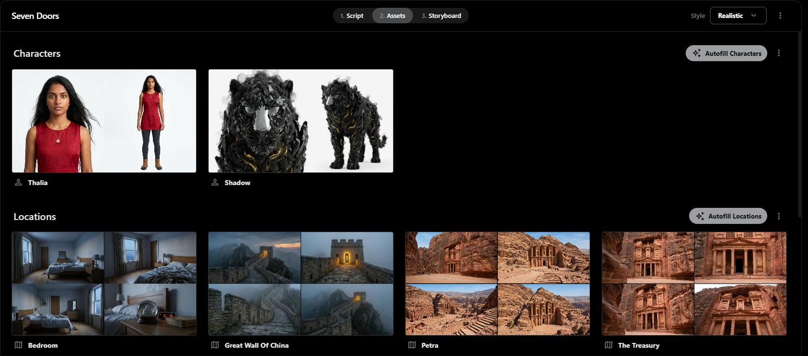 Storyboard Studio assets tab showing Thalia, the Shadow, and location boards for the Bedroom, Great Wall, Petra and the Treasury