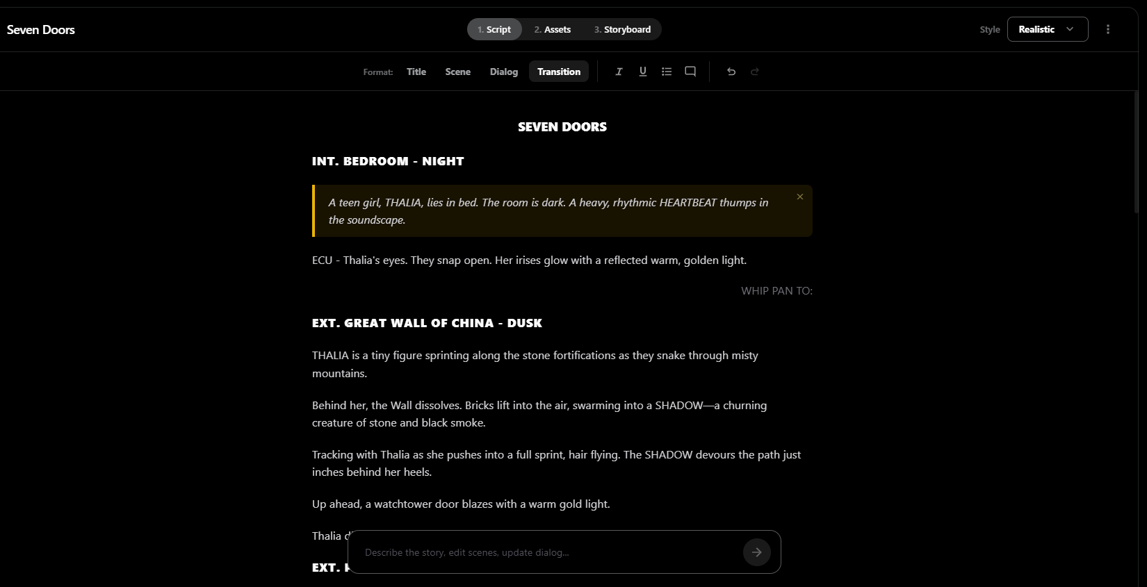 Storyboard Studio's script editor showing the Seven Doors screenplay with scene headings and transitions