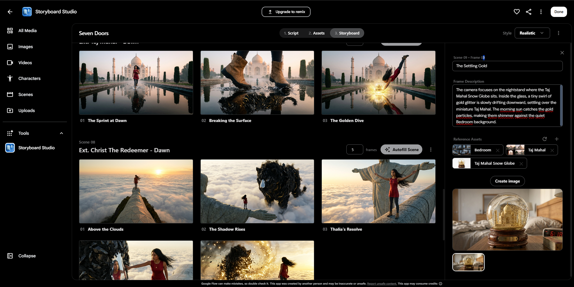 Storyboard Studio's storyboard tab showing Taj Mahal and Christ the Redeemer scene frames with the frame inspector open on The Settling Gold