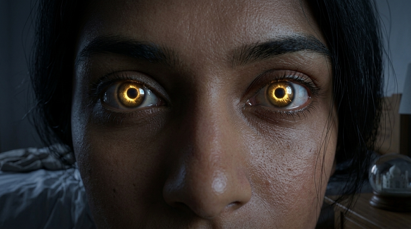 Scene 1 — extreme close-up of Thalia's eyes glowing gold in the dark bedroom