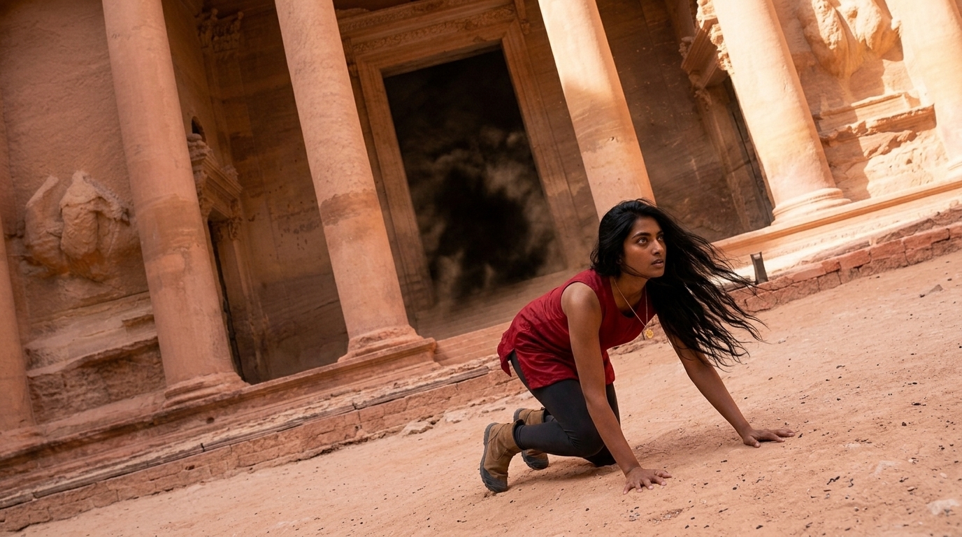 Scene 3 — Thalia scrambles to her feet before the Treasury at Petra as shadows churn in the doorway
