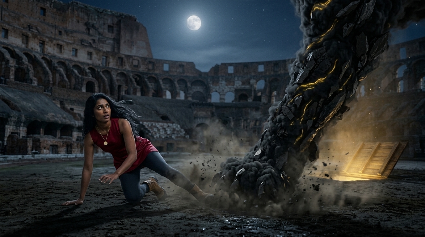 Scene 4 — the Shadow's stone-jaguar paw slams into the moonlit Colosseum arena beside Thalia