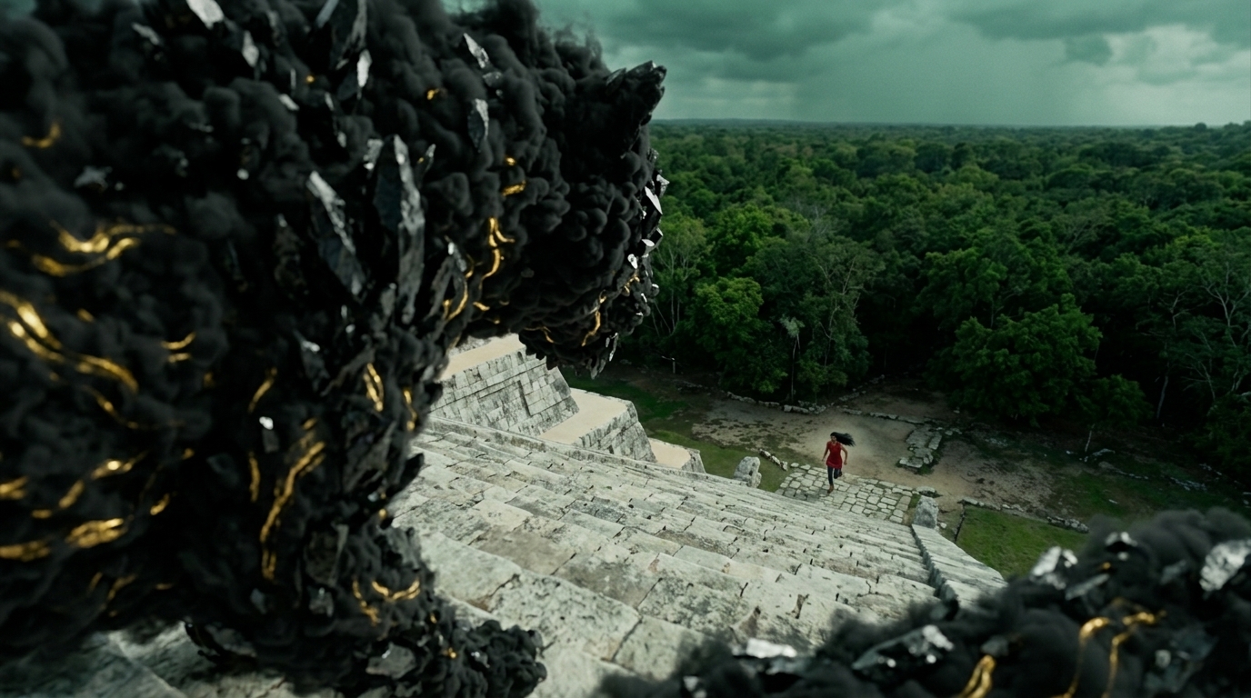Scene 5 — over the serpent Shadow's coils, Thalia sprints down Chichén Itzá toward the jungle