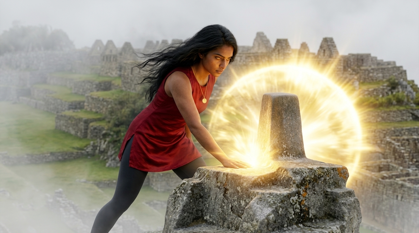 Scene 6 — Thalia slams her palm onto the glowing Intihuatana stone at Machu Picchu