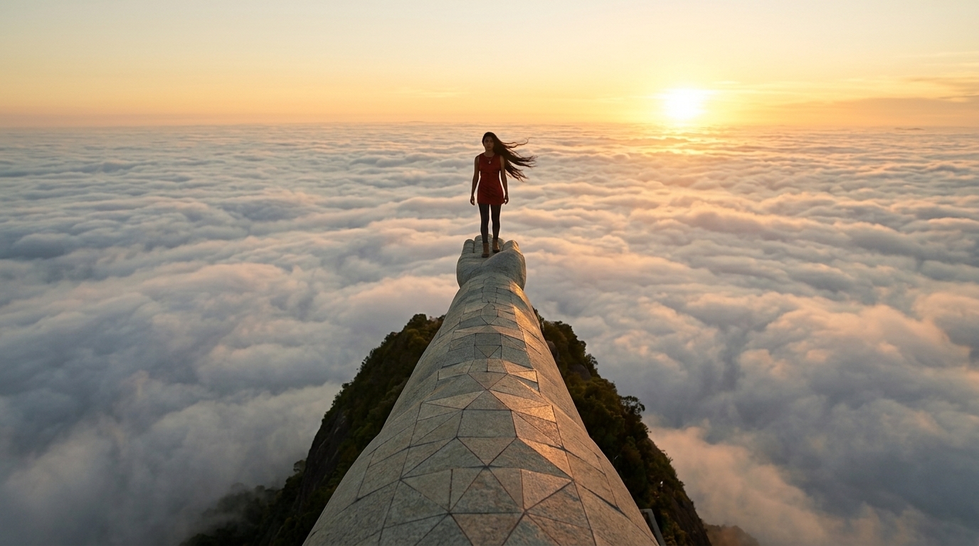 Scene 8 — extreme wide aerial of Thalia on the arm of Christ the Redeemer above a sea of sunrise clouds