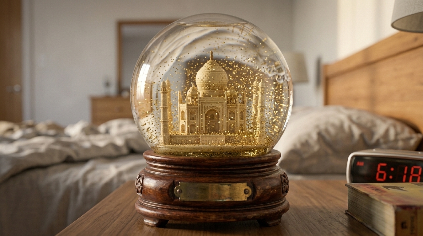 Scene 9 — the Taj Mahal snow globe on the nightstand, gold glitter settling, alarm clock reading 6:18