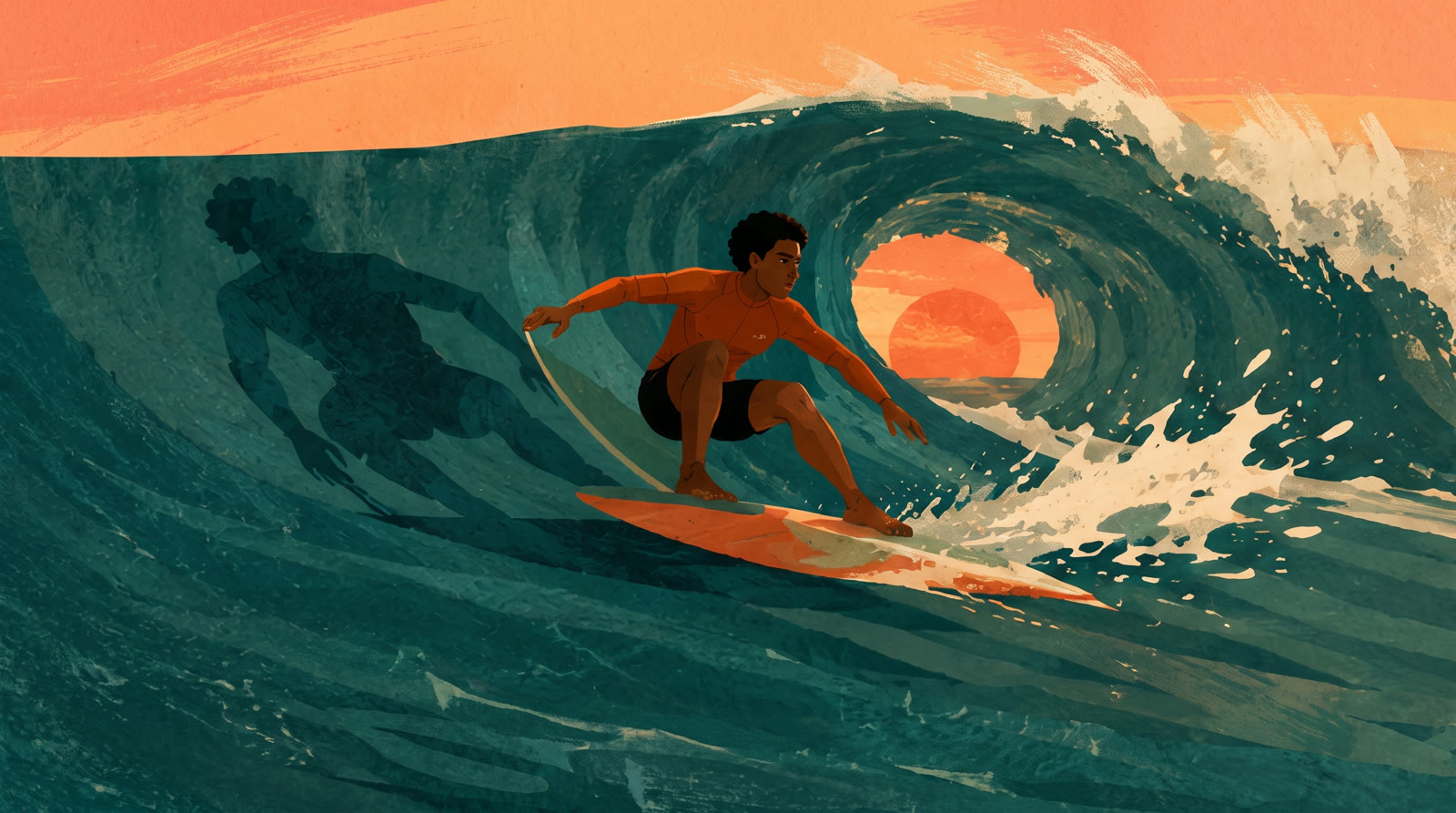 Episode 13 — So You Want to Learn to Surf, illustrated surfer carving a golden-hour wave