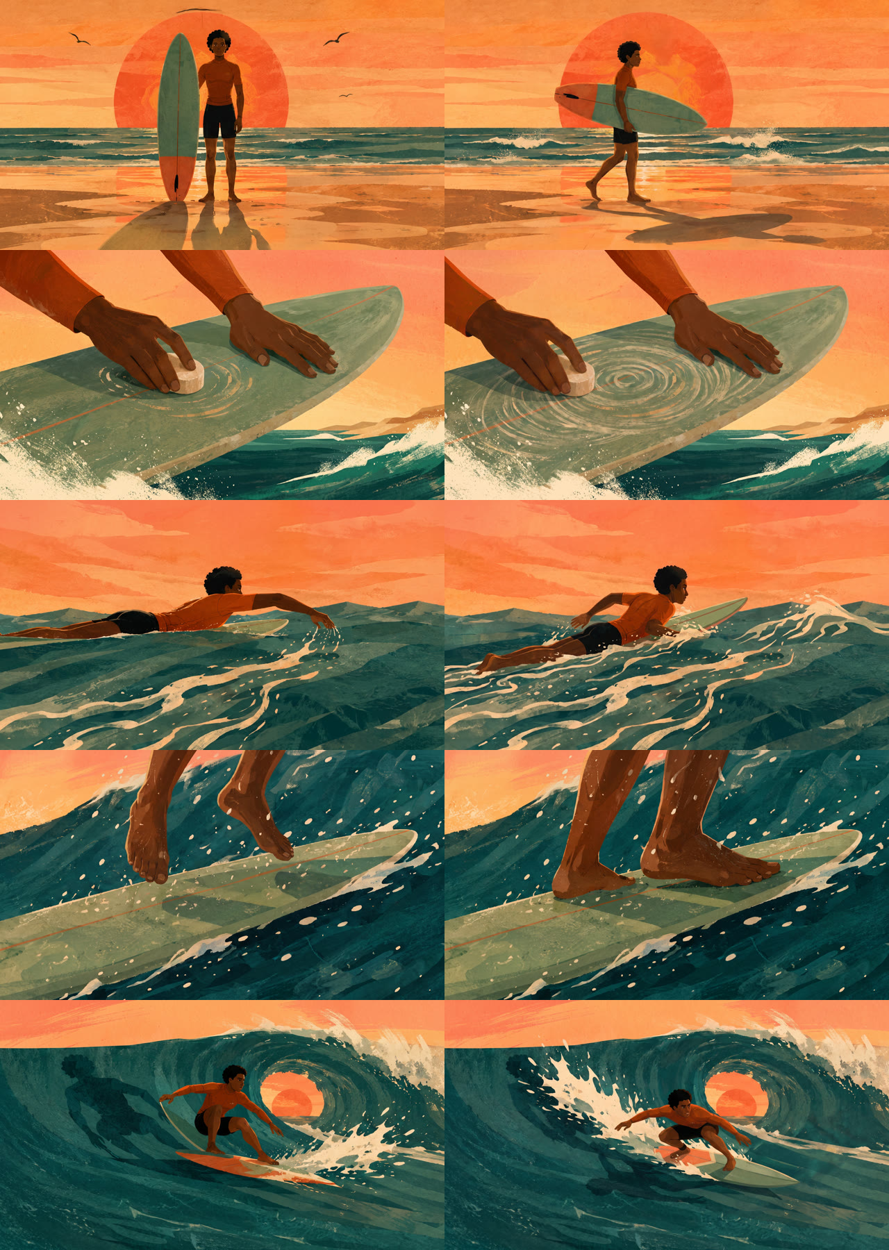 Contact sheet of ten keyframes — first and last frame pairs for all five shots