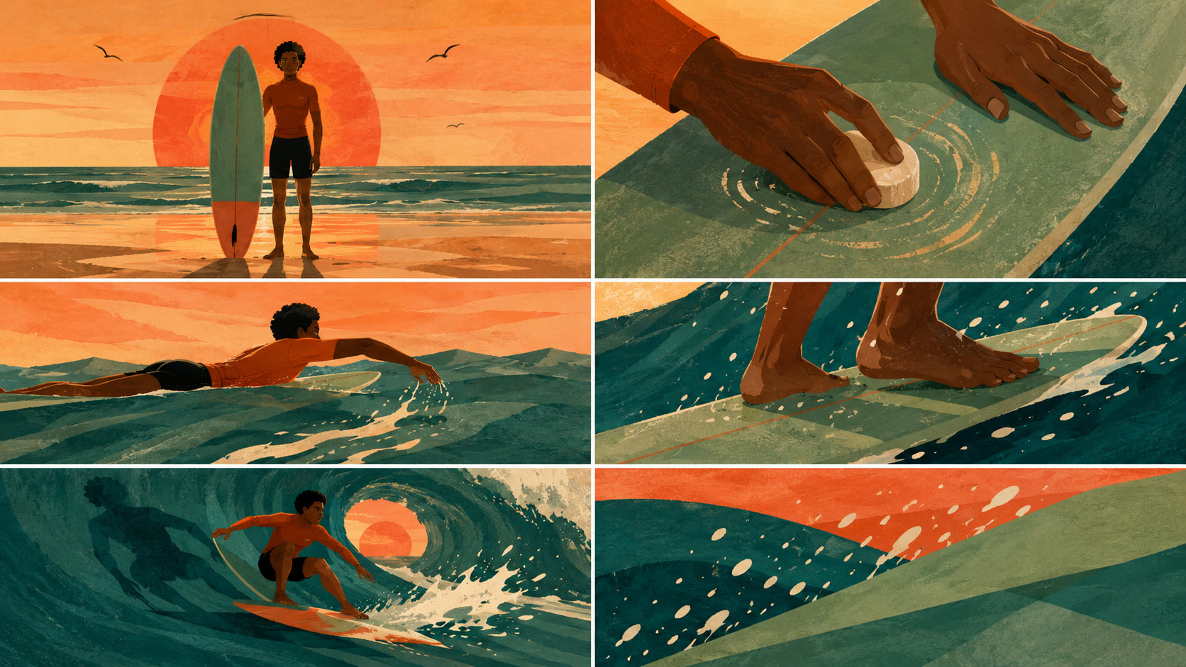 Six-panel moodboard grid — beach intro, waxing hands, paddling, feet on board, wave carve, abstract texture study