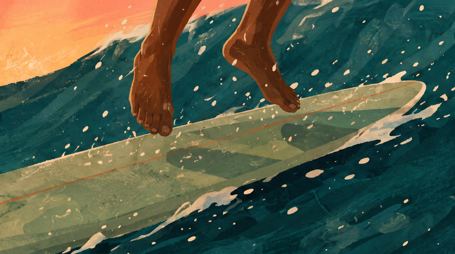 Pop-up shot first frame — bare feet hovering in mid-air above the surfboard deck