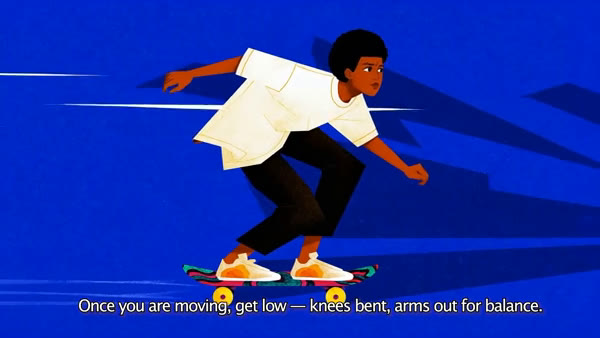 Reference frame — illustrated skateboarder rolling on a cobalt blue background with subtitle bar