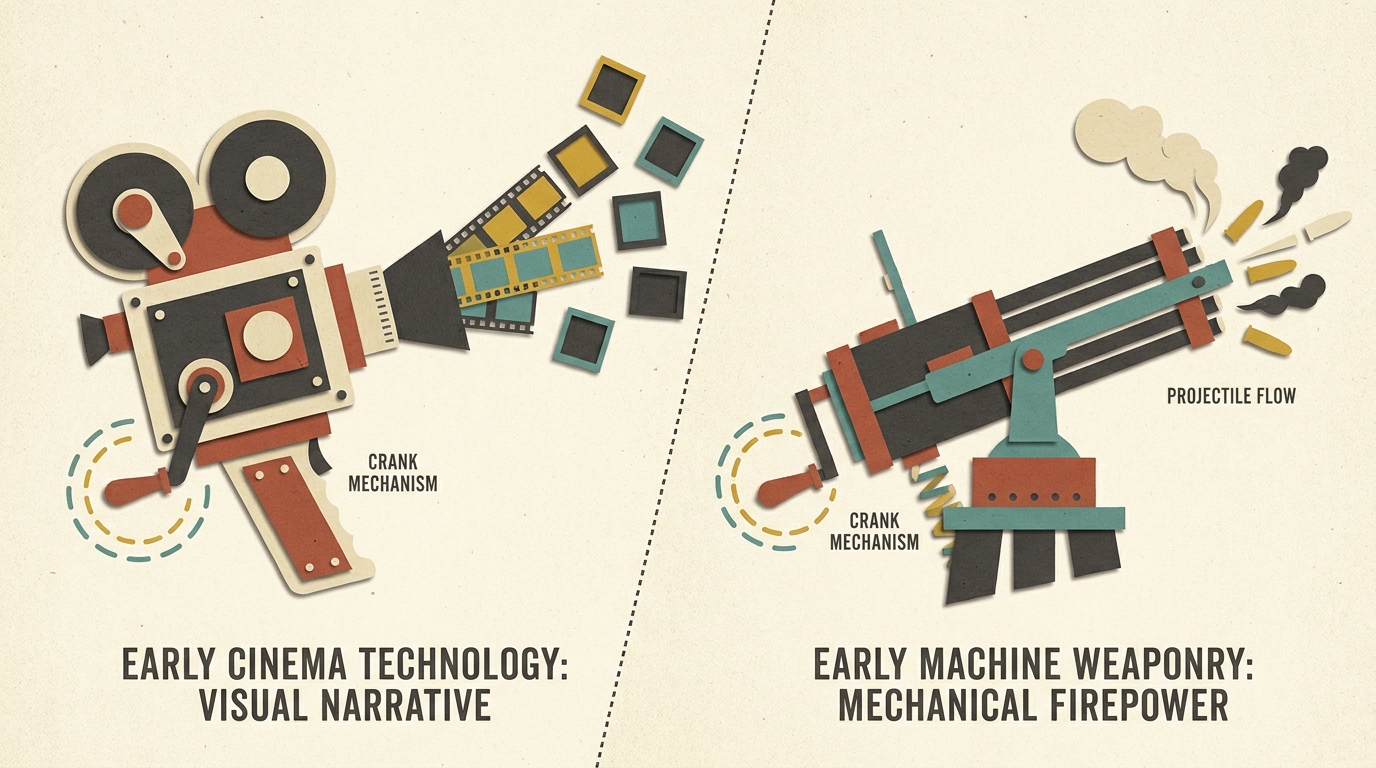 Paper-cut split composition — a hand-cranked film camera firing film frames like bullet casings beside a hand-cranked Gatling gun