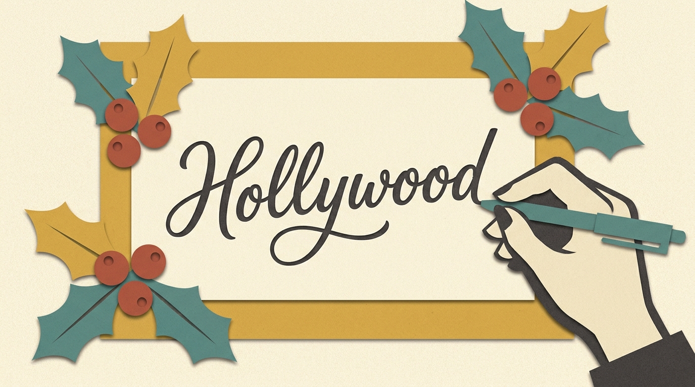 A paper-cut hand writing the word Hollywood in elegant cursive, framed by holly branches with red berries