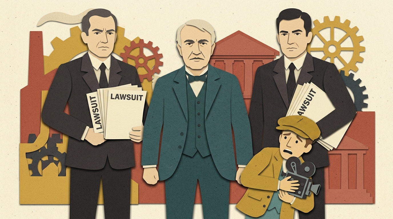 Paper-cut Edison flanked by two lawyers holding LAWSUIT papers, looming over a small frightened filmmaker clutching a camera