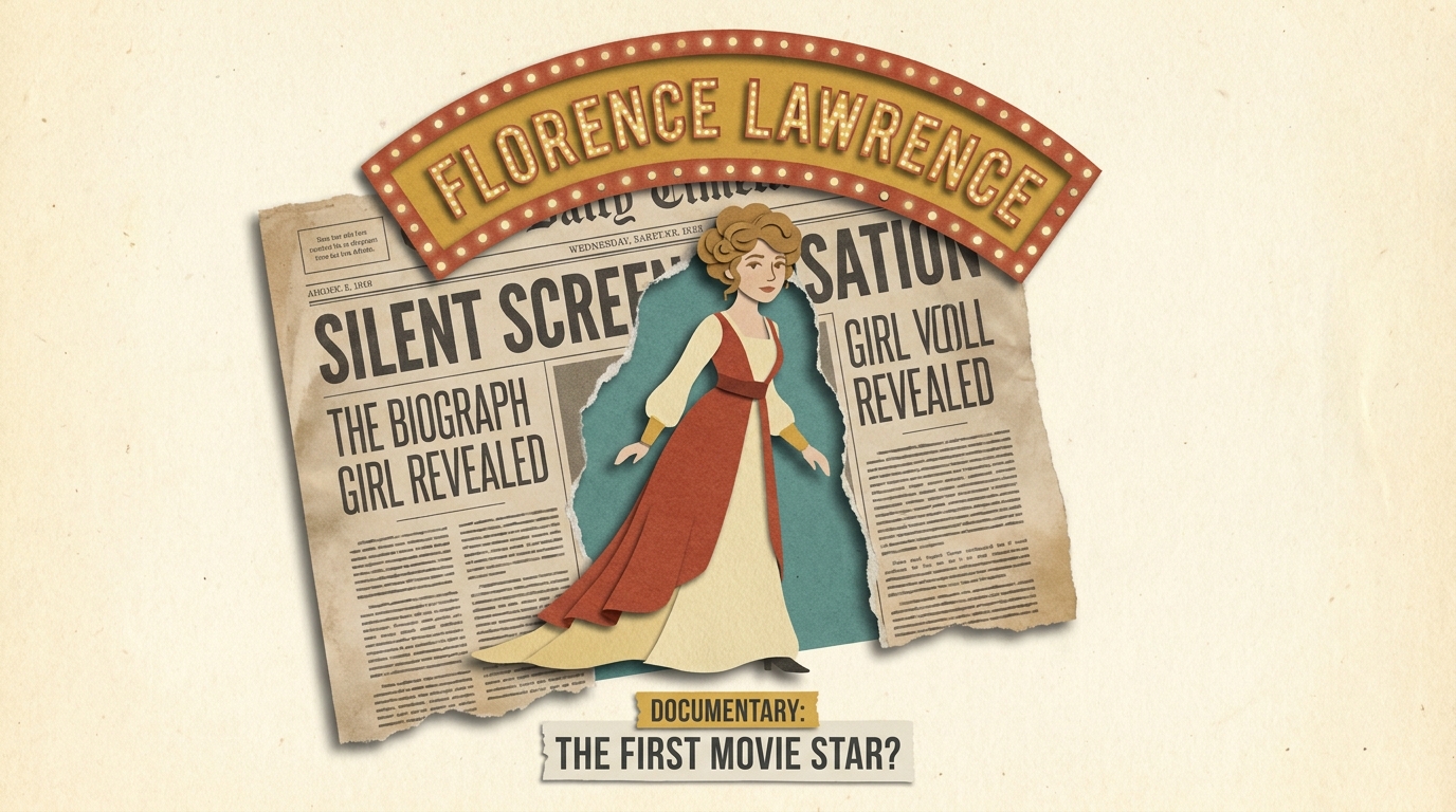 Paper-cut actress stepping through a torn newspaper page under a marquee reading Florence Lawrence