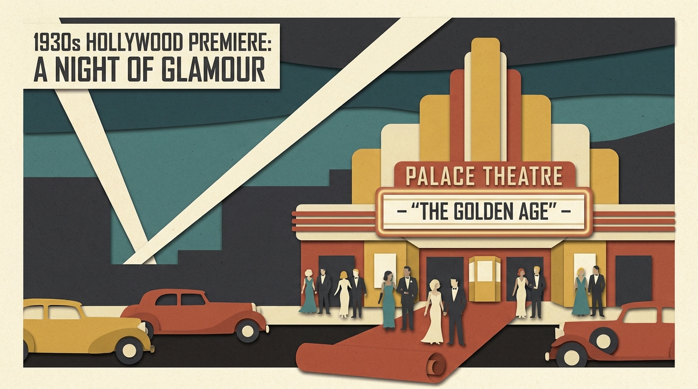 Paper-cut 1930s movie premiere with searchlights, red carpet and vintage cars