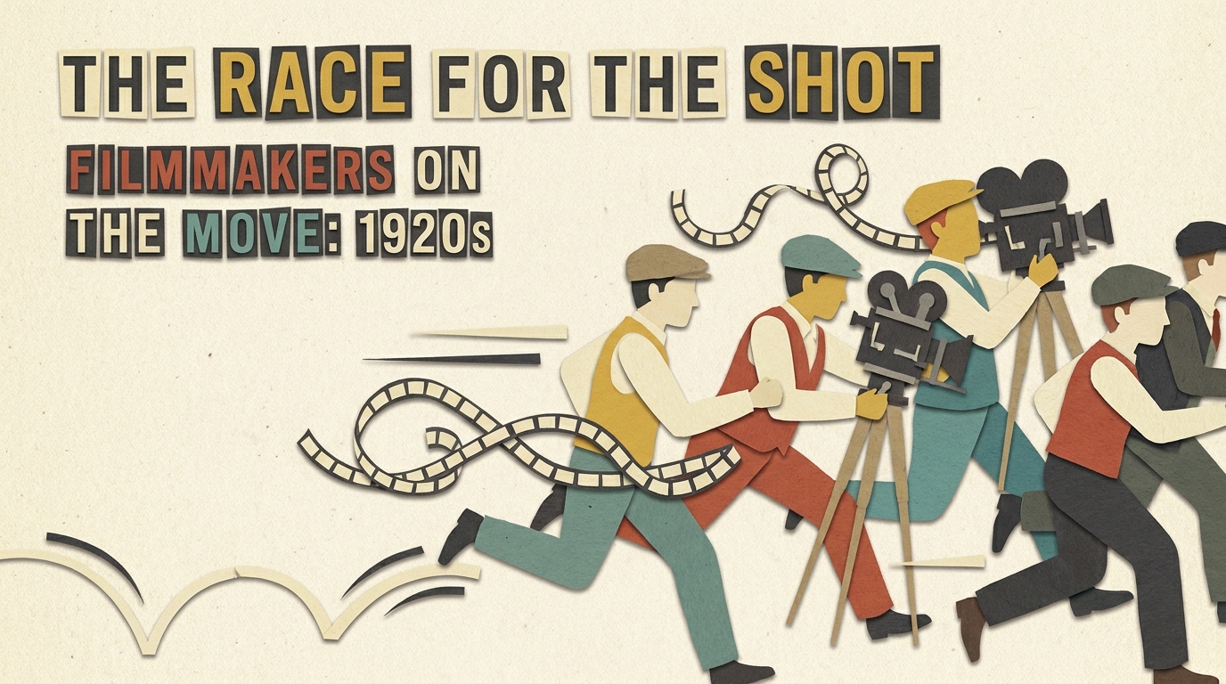 Paper-cut filmmakers sprinting with cameras and tripods, film reels unspooling behind them