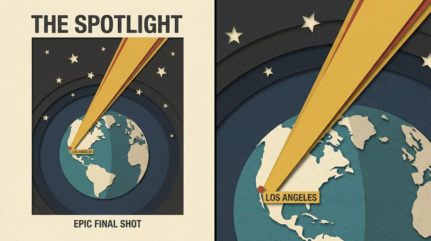 Paper-cut globe with a golden spotlight beaming from Los Angeles into a starfield