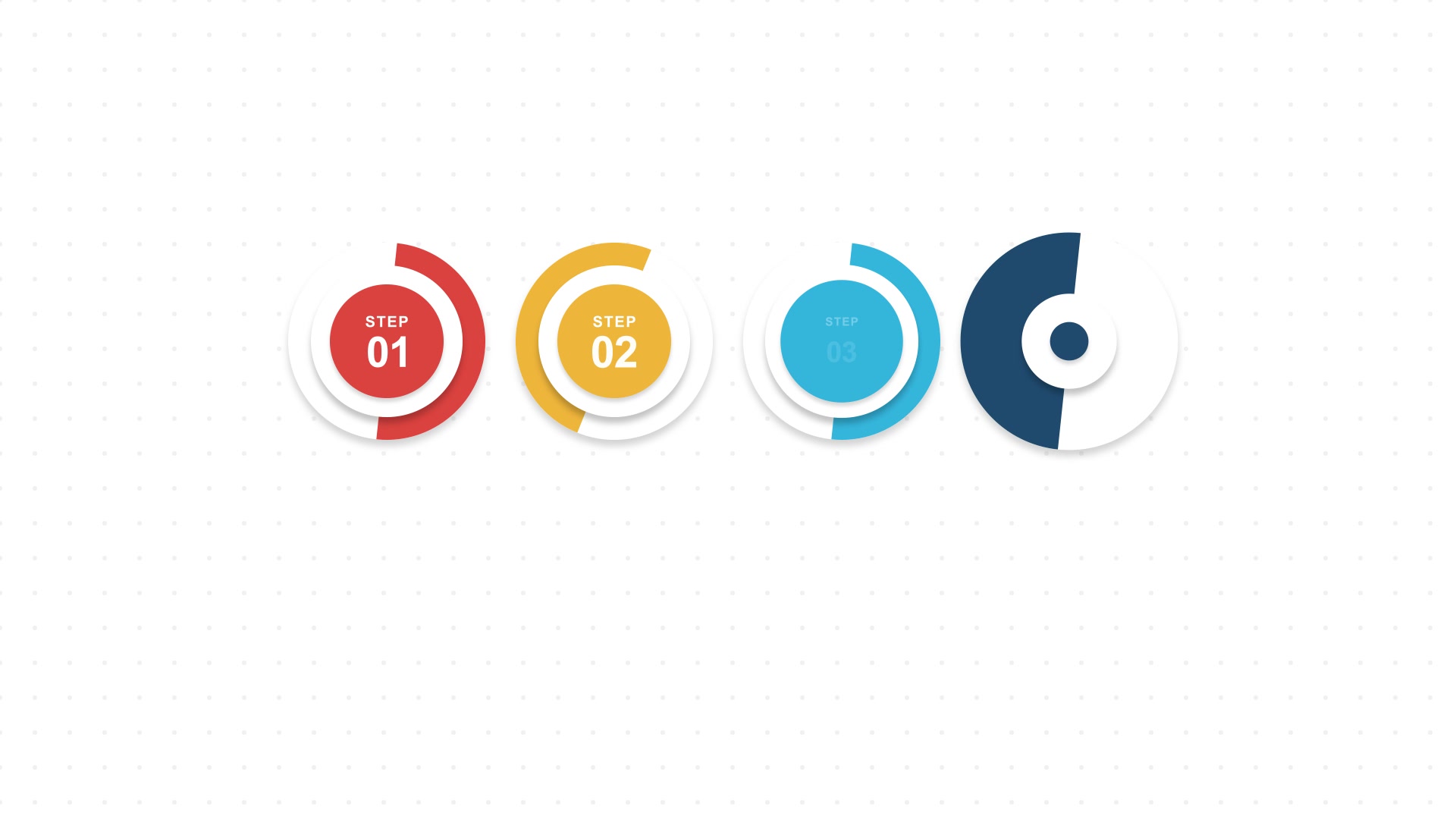 Mid-build frame — four badges scaled in with arc rings at different rotations, pin lines drawing downward