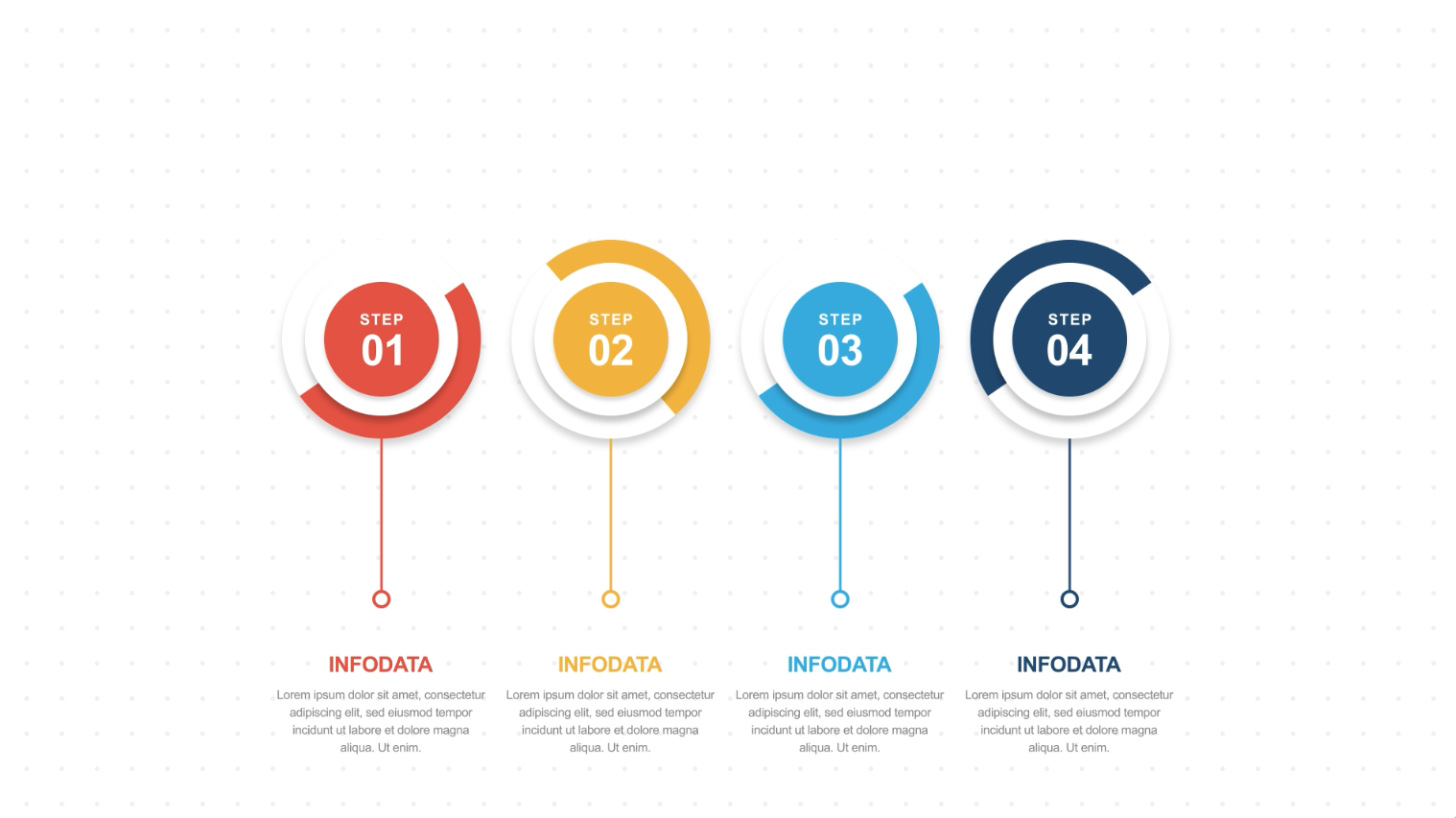 The finished infographic frame — four badges with arc rings, pin lines, INFODATA headings and placeholder body text