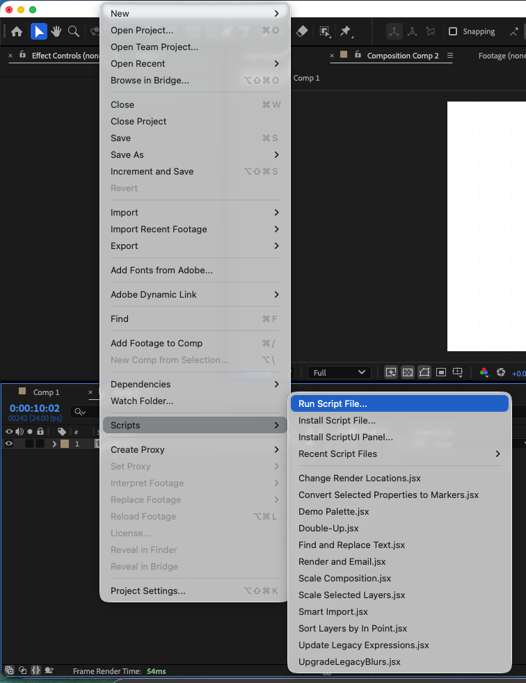 After Effects File menu open on Scripts, with Run Script File highlighted