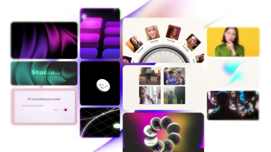 A grid of app screens and photo cards flying into place on white