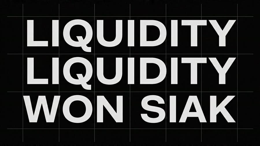 LIQUIDITY set three times on a fine grid, letterforms crisp