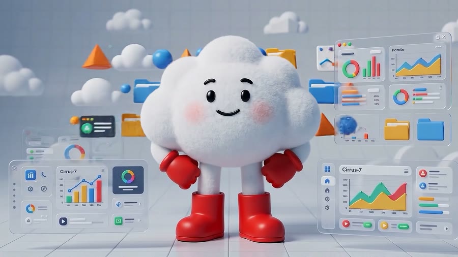 A fluffy cloud mascot in red boots surrounded by floating dashboard cards