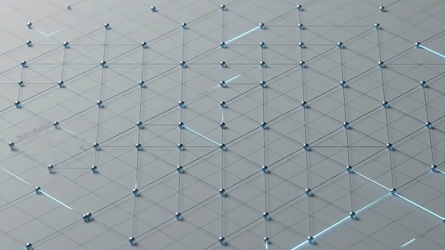A pale grid of connected nodes lit by travelling blue pulses