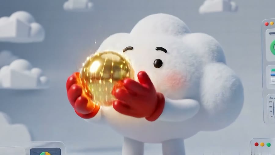 The cloud mascot cradling a faceted gold orb against a sky of soft clouds