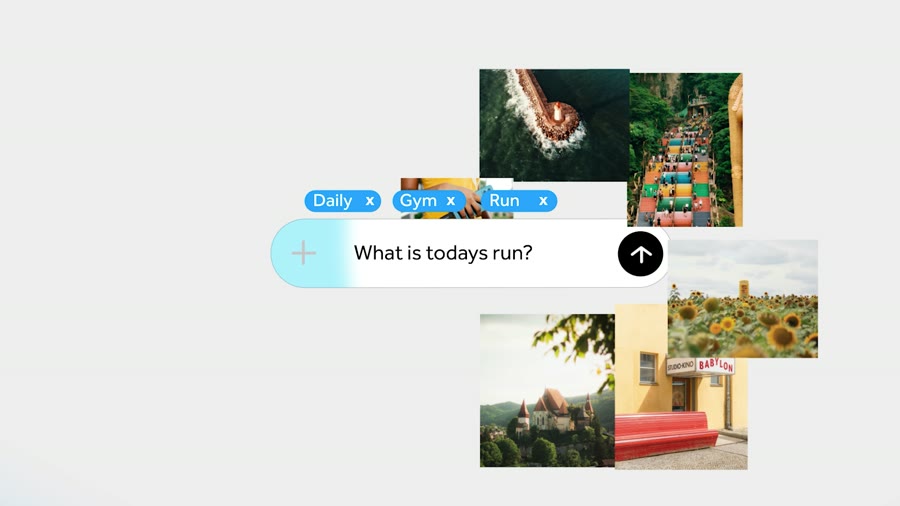 A rounded prompt bar with Daily, Gym and Run tags and a scatter of photographs